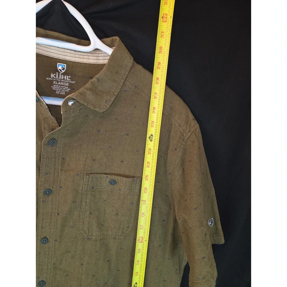 Kuhl Mens XL Olive Green‎ AOP Short Sleeve Button Down Shirt Everyday Casual